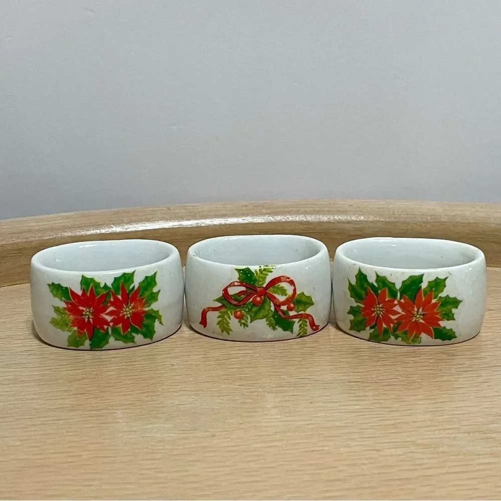 Porcelain Poinsettia & Holly Christmas Napkin Rings Festive Holiday Design 3 Set